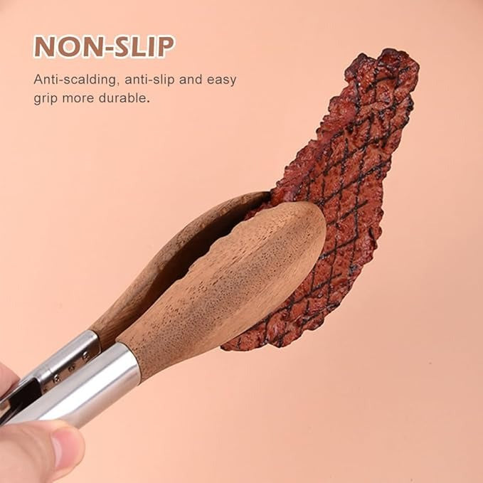 38 cm Wooden Kitchen Tongs with Stainless Steel, Non-Slip Grip, Heat-Resistant