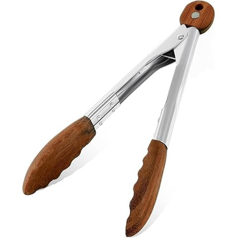 38 cm Wooden Kitchen Tongs with Stainless Steel, Non-Slip Grip, Heat-Resistant