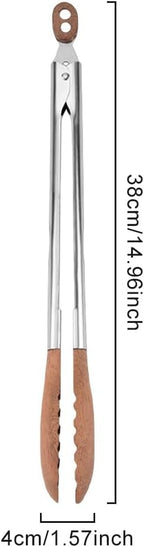 38 cm Wooden Kitchen Tongs with Stainless Steel, Non-Slip Grip, Heat-Resistant