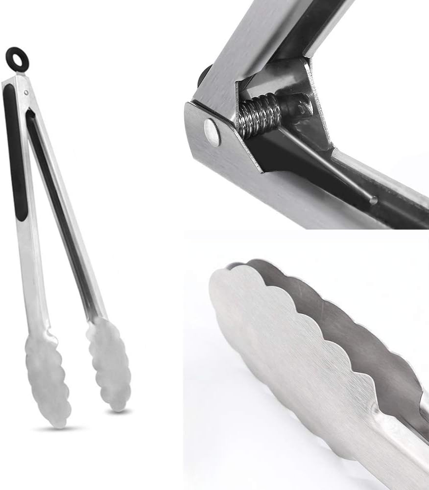 2 Pack Stainless Steel Cooking Tongs, 9" & 12" with Silicone Grip and Locking Ring, Black