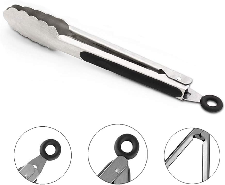 2 Pack Stainless Steel Cooking Tongs, 9" & 12" with Silicone Grip and Locking Ring, Black