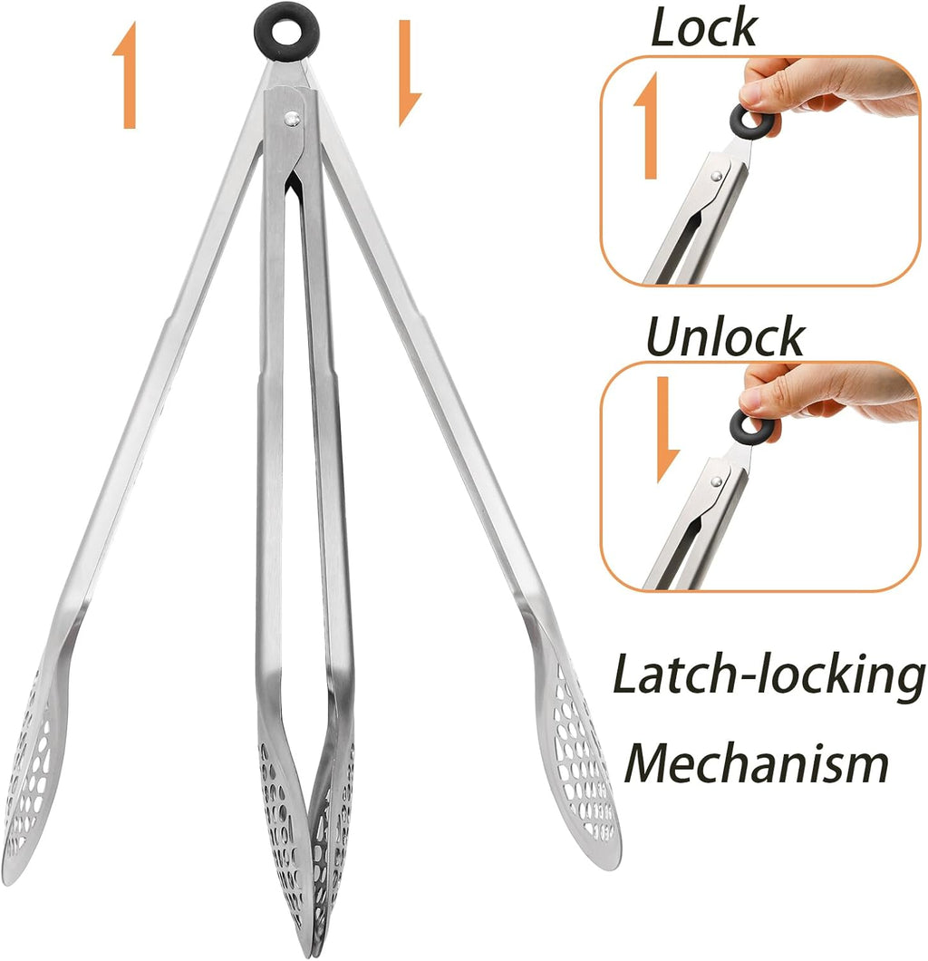 4 Pack 12" Stainless Steel BBQ Tongs, Heat-Resistant Locking Kitchen & Grill Tongs