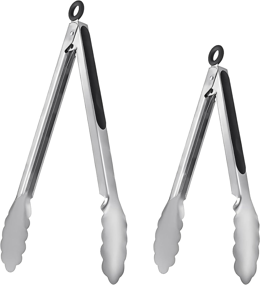 2 Pack Stainless Steel Cooking Tongs, 9" & 12" with Silicone Grip and Locking Ring, Black
