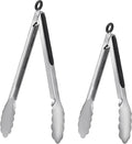 2 Pack Stainless Steel Cooking Tongs, 9" & 12" with Silicone Grip and Locking Ring, Black