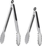 2 Pack Stainless Steel Cooking Tongs, 9" & 12" with Silicone Grip and Locking Ring, Black