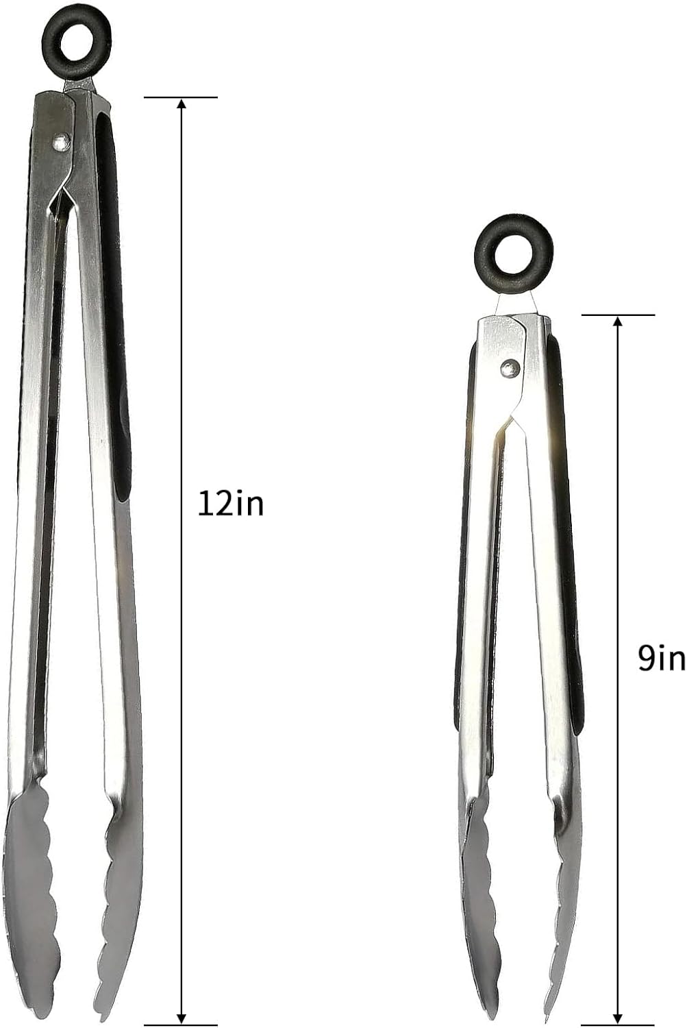 2 Pack Stainless Steel Cooking Tongs, 9" & 12" with Silicone Grip and Locking Ring, Black