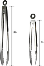 2 Pack Stainless Steel Cooking Tongs, 9" & 12" with Silicone Grip and Locking Ring, Black