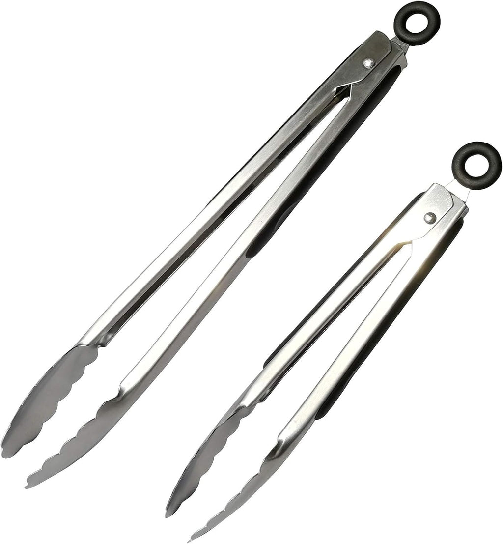 2 Pack Stainless Steel Cooking Tongs, 9" & 12" with Silicone Grip and Locking Ring, Black