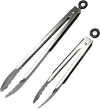 2 Pack Stainless Steel Cooking Tongs, 9" & 12" with Silicone Grip and Locking Ring, Black