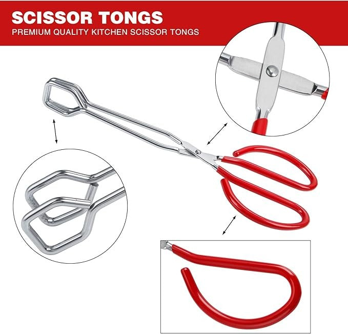 Heavy-Duty Stainless Steel Scissor Tongs for Cooking, 10-Inch Red with Soft-Grip Handles